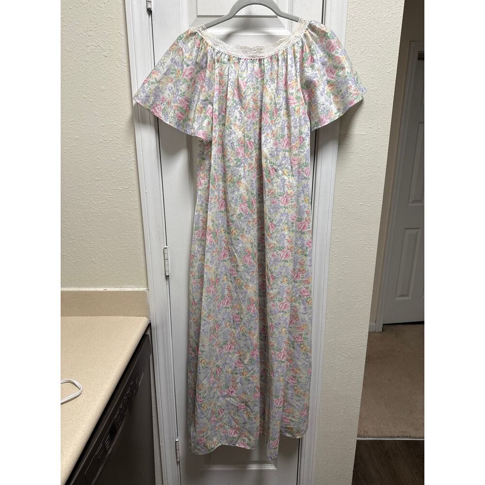Vintage 80s Elana Rose Print V Neck Lace Trim Cottagecore Maxi Night Gown OS - Picture 3 of 7